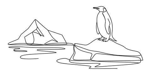Continuous single line drawing of a cute penguin standing on an iceberg in the cold arctic ocean water © Das