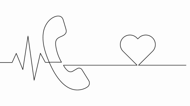 Telephone handset continuous line animation showing medical pulse heartbeat and heart shape