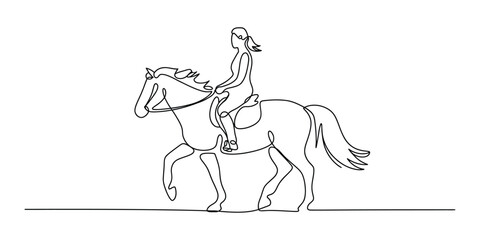 Fototapeta premium Woman riding a horse continuous one line drawing style illustration