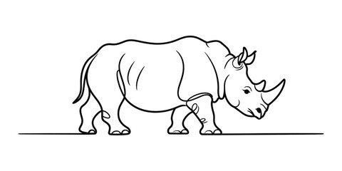 Continuous single line drawing of a rhinoceros standing in profile black outline © Das
