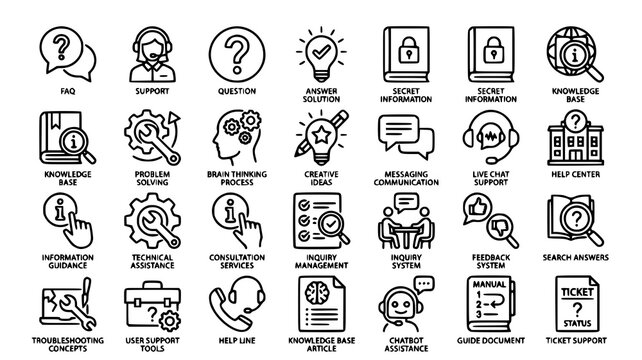 Customer support and knowledge base line icons set with customer knowledge technical information