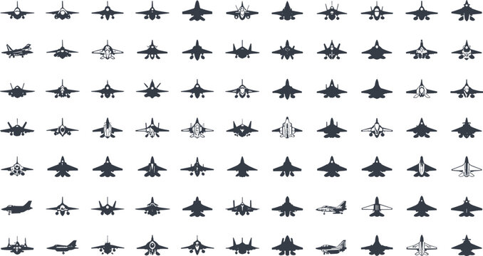 Military Fighter Jet and Supersonic Combat Aircraft Icon Set with Air Force Silhouette Vector Elements for Aviation Logistics, Defense Industry Branding, and War Game Graphic Designs