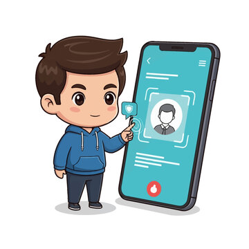 Chibi male character in blue hoodie using large smartphone for digital identity verification, featuring facial recognition icons, biometric scan interface and secure mobile login.