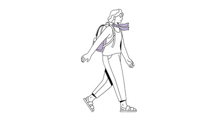 Obraz premium Woman Walking with Backpack and Scarf.
