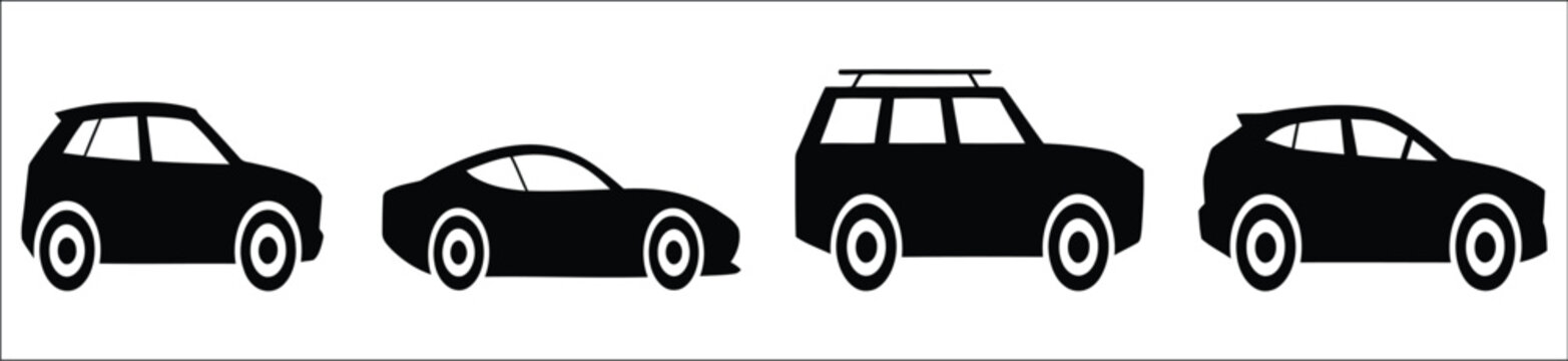 Car silhouettes illustration set in flat style, automotive vehicle profile icons, modern transportation symbol collection, sedan, SUV and hatchback shapes, clean vector design elements isolated on whi