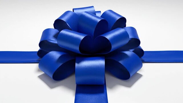 A vibrant blue satin ribbon and bow on a white background