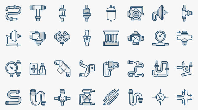 Industrial Plumbing and Fluid System Components Icon Collection for Mechanical and HVAC Applications