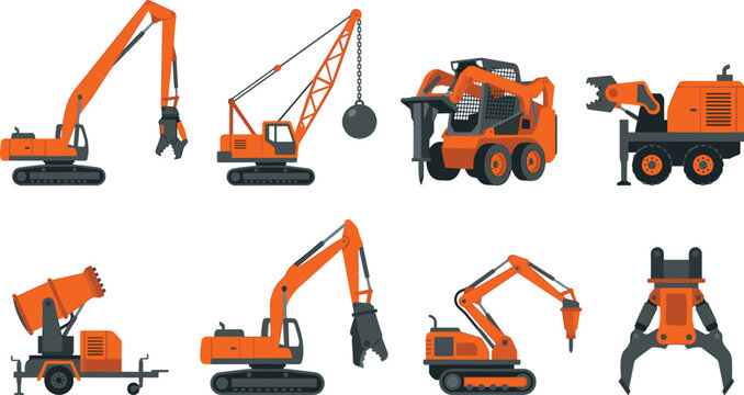 Collection of orange demolition machinery icons including excavator with hydraulic shears wrecking ball and construction equipment vector illustrations