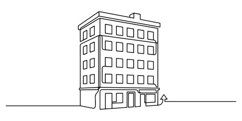Multi-story apartment block building illustration, commercial real estate investment property, hand drawn outline vector illustration. © Pure Outline 