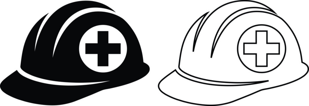 Safety helmet with medical cross icon in black silhouette and outline, construction hard hat vector set for workplace health, industrial first aid, protection, and emergency design.