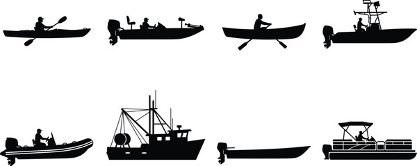 Collection of Various Fishing Boat and Watercraft Silhouettes Including Kayak Pontoon and Commercial Vessel Vector Icons © SreeRupali