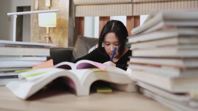 Asian teenage girl concentrates on pile of books, focuses on learning at home with stack of textbooks, reading and writing, self-study for school, Homeschooling, university education lifestyle.