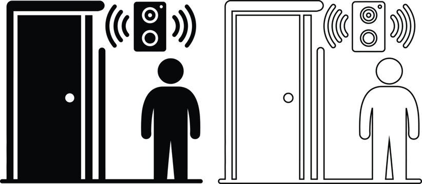 Vector icon set depicts a visitor standing outside a home entrance door while a smart intercom doorbell speaker rings, provided in solid black silhouette and line outline styles.