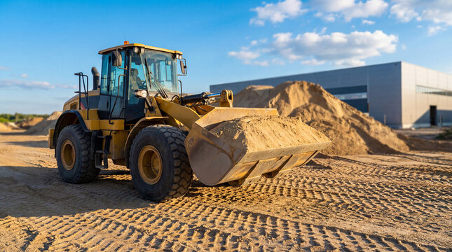 Yellow loader moving sand at a construction site near sand piles and a large modern building under blue sky