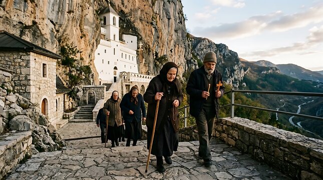 Orthodox Pilgrims Walking at Ostrog Monastery Montenegro
