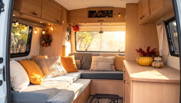 Cozy autumn interior of a tiny mobile home van