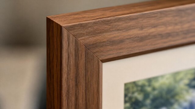 mitered. Close-up of a handmade wooden picture frame with precise mitered corners. lifestyle magazines, social media lookbooks, designed for influencer and brand collaborations, inspires lifestyle.