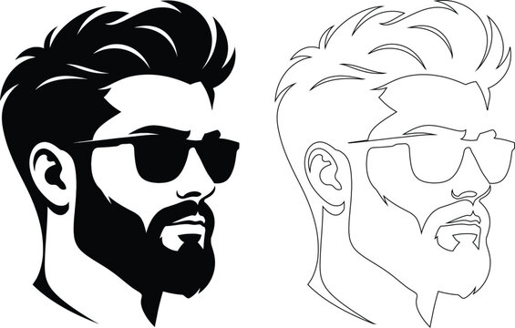 Bearded man sunglasses vector icon set featuring black silhouette and outline male face avatar with modern hairstyle for barbershop logo, fashion profile and portrait design