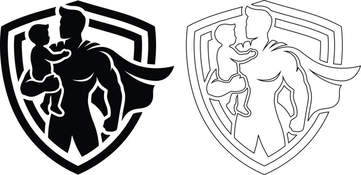 Vector icon set features a strong superhero father with a cape holding his baby child inside a protection shield, representing family security in black silhouette and outline.