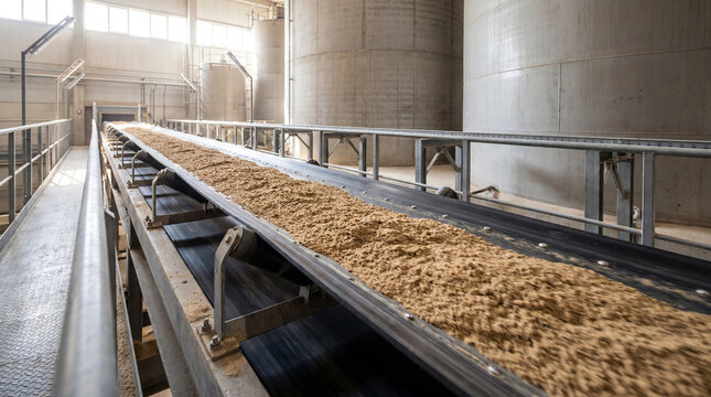 Conveyor belt carrying granular material inside an industrial plant with cylindrical storage tanks in background