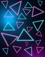 Fototapeta premium Abstract Neon Triangles Glowing in Dark Background with Blue and Pink Lights