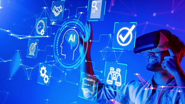 Person Engaging with Virtual Reality Headset Surrounded by Digital Symbols of Artificial Intelligence and Technology Progress. Entropy.