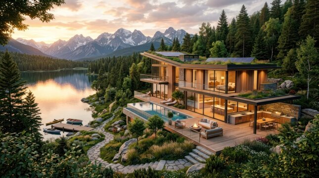 A luxurious modern house with a large glass facade and a pool, situated on a lakeside with a mountain range in the background. The setting is serene and surrounded by dense greenery