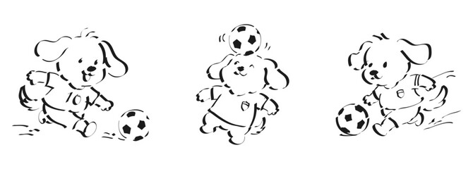 Cute puppy soccer doodle set with cartoon dog playing football sketches © Shuvojit11