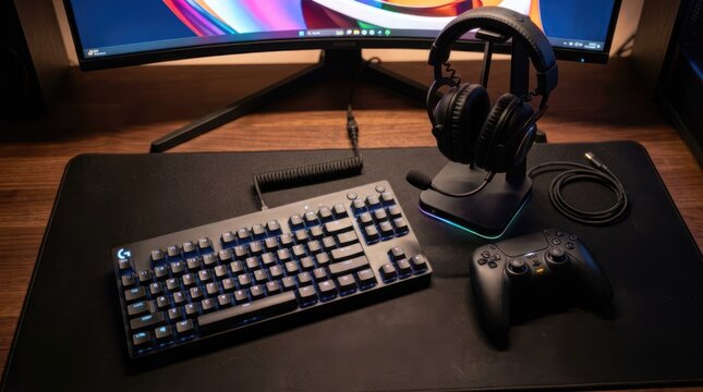 A gaming setup with a keyboard, mouse, and headset on a desk in front of a monitor. The desk has a black mousepad and the keyboard features blue backlighting. 