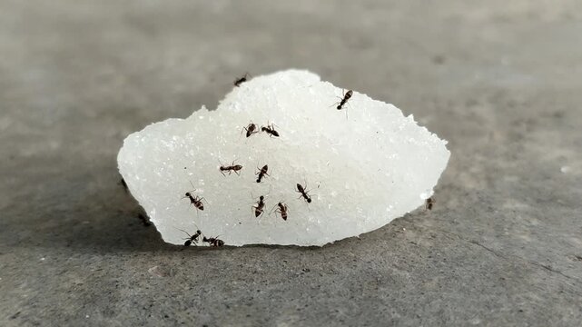 Black ants swarm and eat chunks of white rock sugar