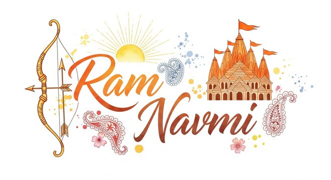 Ram Navami Hindu Festival Background with Temple and Lord Rama Bow, Watercolor Illustration for Spiritual Celebration