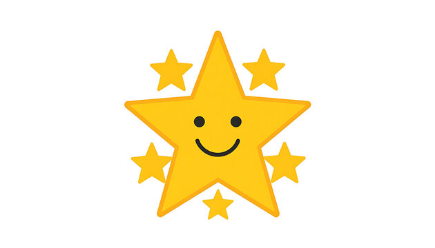 Yellow smiling star character surrounded by smaller stars for rating and feedback concept.