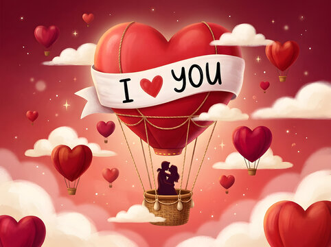 Hot air balloon with I love you banner floating over cloudy sky with hearts in romantic style
