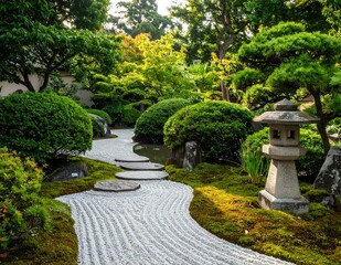 Fototapeta premium Serene Japanese Garden with Stone Lantern and Winding Path.