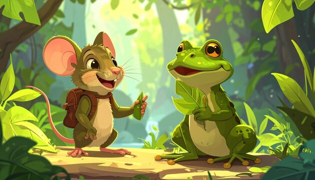 a mouse and a frog talking in forest.