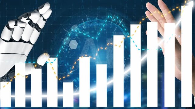 A striking image showcasing the interaction between a robotic hand and a human hand against a backdrop of digital graphs. It symbolizes growth and innovation in technology and business. Copula
