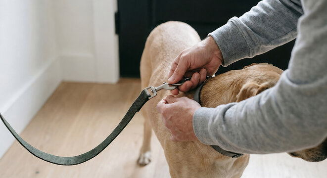 Close up of person hands attaching leash hook to dog collar indoors
