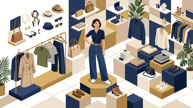 Woman standing in a stylish boutique surrounded by fashionable clothing and accessories, showcasing a curated collection.