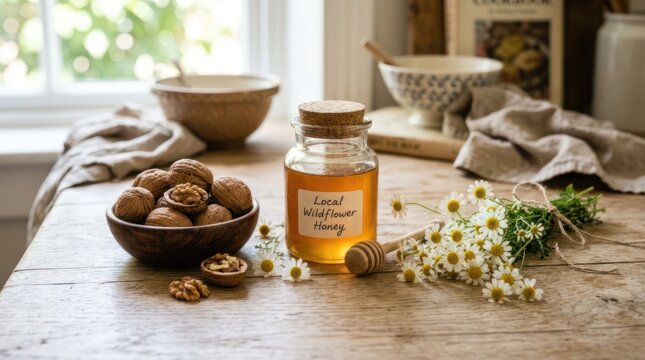 A rustic wooden table with a jar of honey, a bowl of walnuts, and a bouquet of daisies. The background features a window with natural light and kitchenware. The setting is cozy and homely
