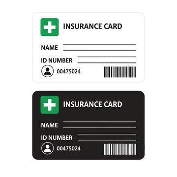 Two medical insurance card templates, one white and one black, featuring a green cross, id number, and barcode, isolated on white background