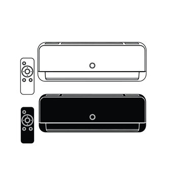 Split view of wall mounted air conditioner units and remote controls in black and white outline and solid styles