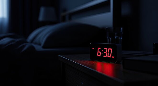 A digital alarm clock displays 6:30 AM in bright red numerals. The clock sits on a dark wooden nightstand in a dimly lit bedroom.