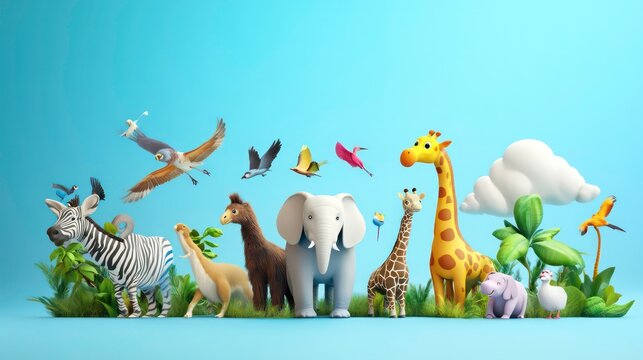 Traveling Zoo animals 3D rendering children greeting card poster banner illustration