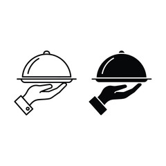 Fototapeta premium Hand holding a silver serving platter cloche available in both outline and solid black styles, isolated on a white background, for food