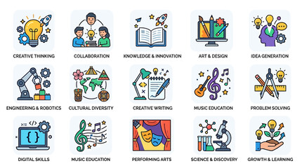 Fototapeta premium A vibrant infographic showcasing various educational icons and symbols representing different subjects and learning concepts in a colorful and organized manner.