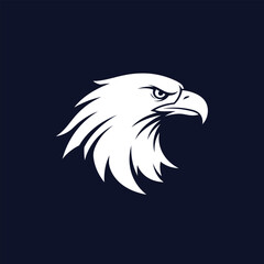 Fototapeta premium White eagle head silhouette facing right on a dark blue background, fierce bird of prey for sports or corporate branding