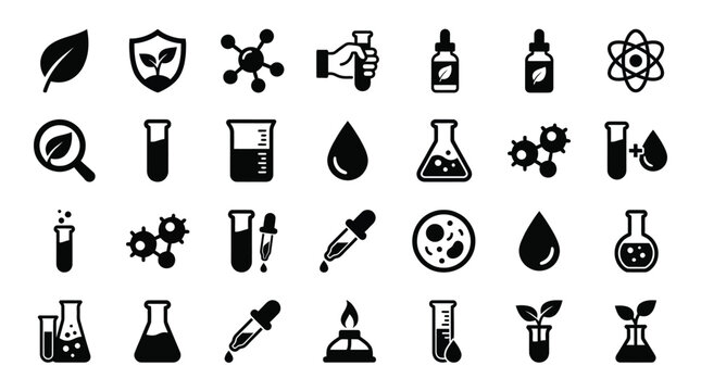 The laboratory equipment icons set features various scientific glassware and research tools arranged in a grid for professional design.