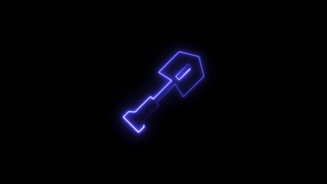 neon glowing shovel icon animation on black background gardening digging and construction tool symbol 4k motion graphic