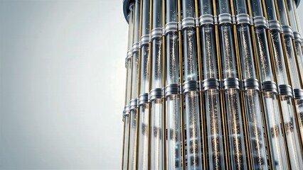Obraz premium Epic Quantum Computing Core Chamber with Vertical Glass Conduits, Polished Gold Hardware, Luminous Particle Streams and Copy Space