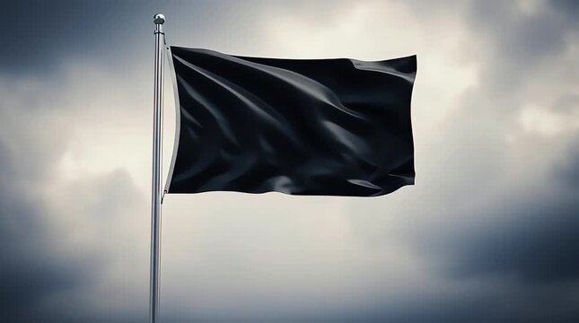 A black flag waves on a silver pole against a dark cloudy sky in a dramatic video animation scene.